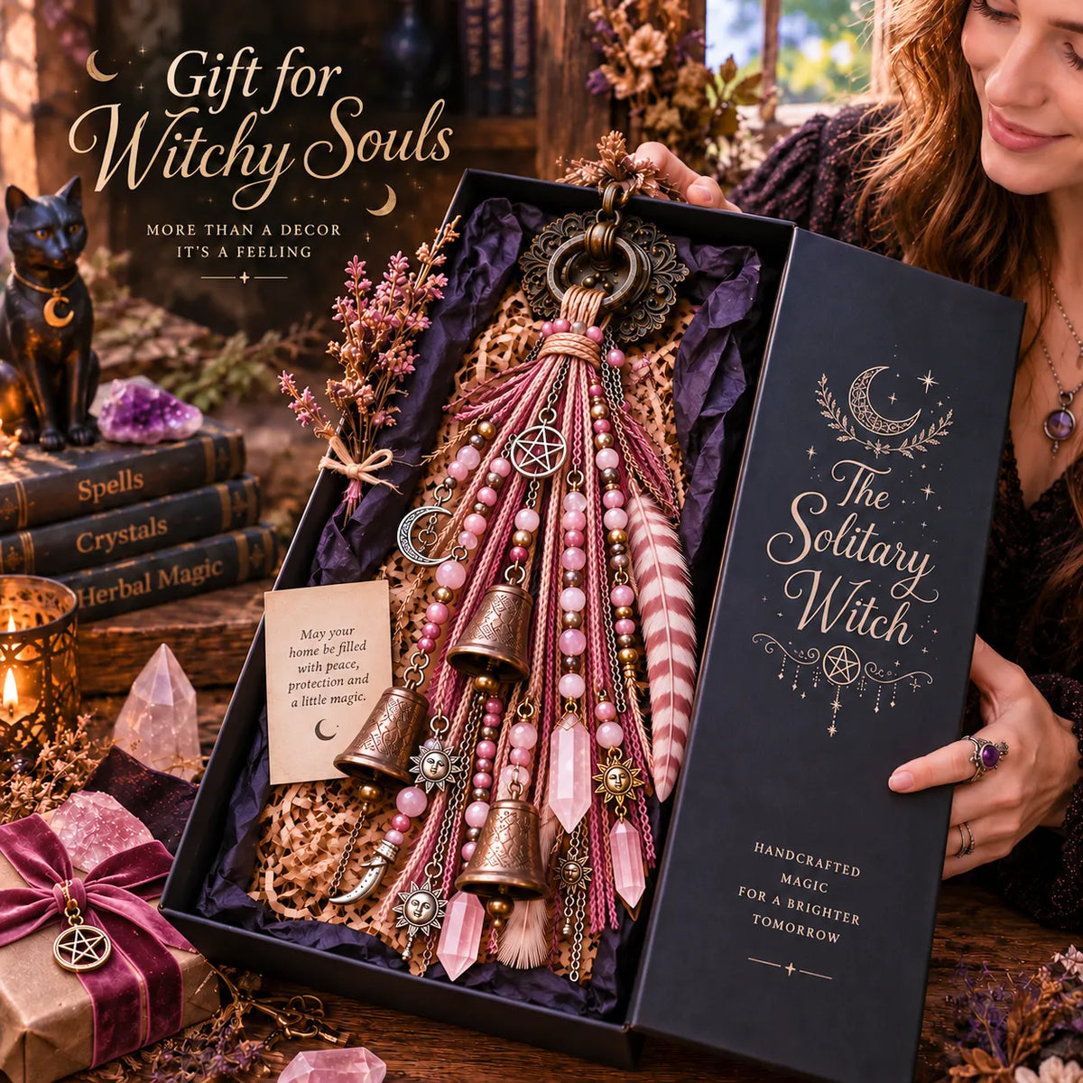 ⏳ Last Day 49% OFF – 🌙 Witchy Door Charm | Celestial Hanging Décor with Moons, Crystals, Beads, Feathers & Vintage Bells for Doors, Reading Nooks & Witchy Home Spaces 🔮