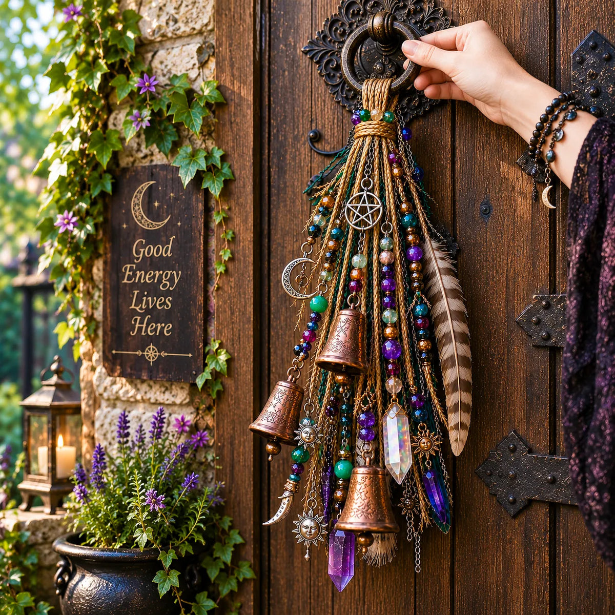 ⏳ Last Day 49% OFF – 🌙 Witchy Door Charm | Celestial Hanging Décor with Moons, Crystals, Beads, Feathers & Vintage Bells for Doors, Reading Nooks & Witchy Home Spaces 🔮
