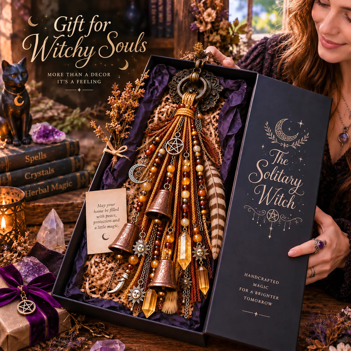 ⏳ Last Day 49% OFF – 🌙 Witchy Door Charm | Celestial Hanging Décor with Moons, Crystals, Beads, Feathers & Vintage Bells for Doors, Reading Nooks & Witchy Home Spaces 🔮