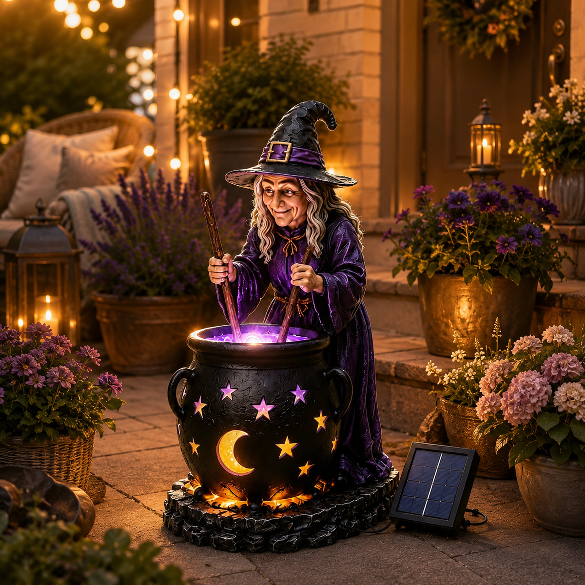 Glowing Halloween cauldron light at night