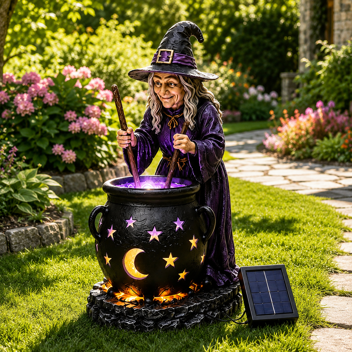 Halloween witch glowing cauldron solar light outdoors