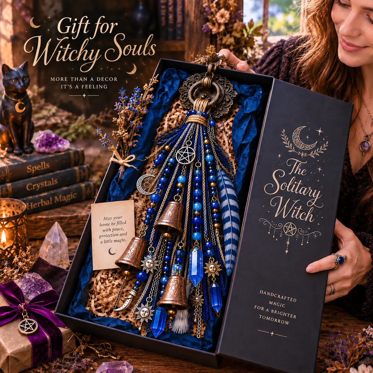 ⏳ Last Day 49% OFF – 🌙 Witchy Door Charm | Celestial Hanging Décor with Moons, Crystals, Beads, Feathers & Vintage Bells for Doors, Reading Nooks & Witchy Home Spaces 🔮