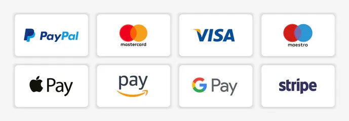 Secure payment methods - PayPal, Mastercard, Visa, Maestro, Apple Pay, Amazon Pay, Google Pay and Stripe