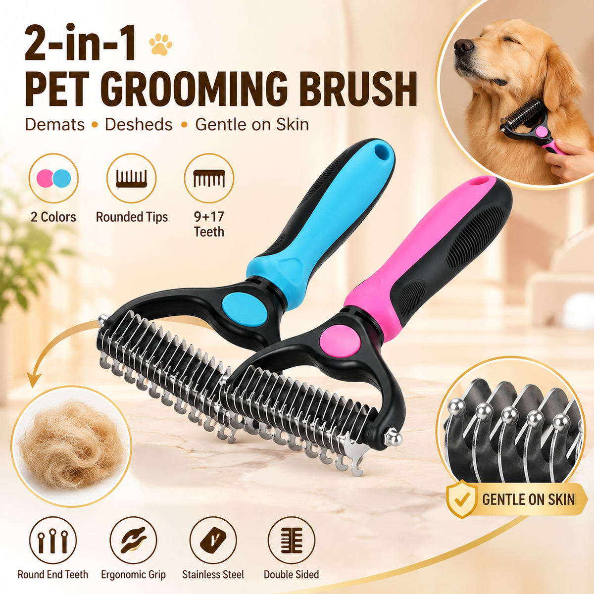 Fempick™ 95% Less Shedding Grooming Tool,2-in-1 Deshedding & Dematting Comb