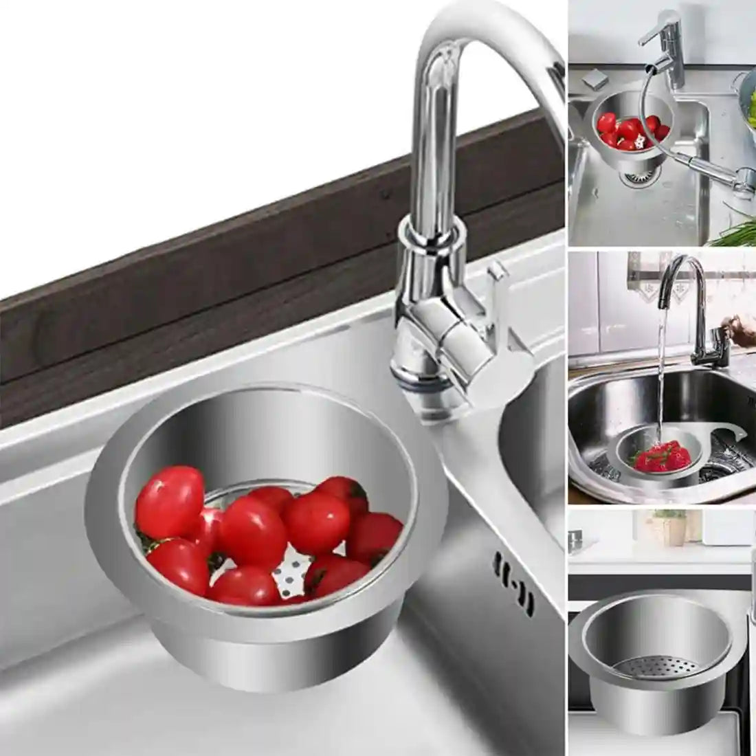 Stainless steel Swan Sink Strainer catching kitchen food scraps