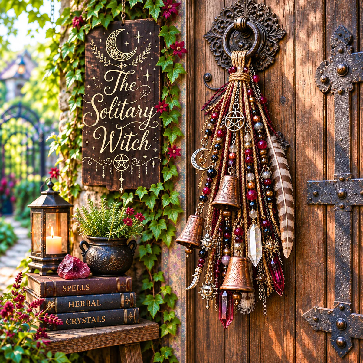 ⏳ Last Day 49% OFF – 🌙 Witchy Door Charm | Celestial Hanging Décor with Moons, Crystals, Beads, Feathers & Vintage Bells for Doors, Reading Nooks & Witchy Home Spaces 🔮