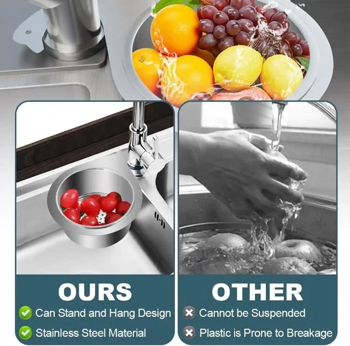 Stainless steel Swan Sink Strainer positioned in kitchen sink