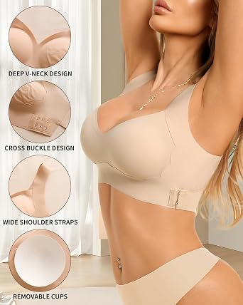 Fempick Wireless Wide-Strap Bra, Seamless Back-Smoothing Full Coverage, W-Shaped 3D Jelly Lift, Soft Stretch Fabric
