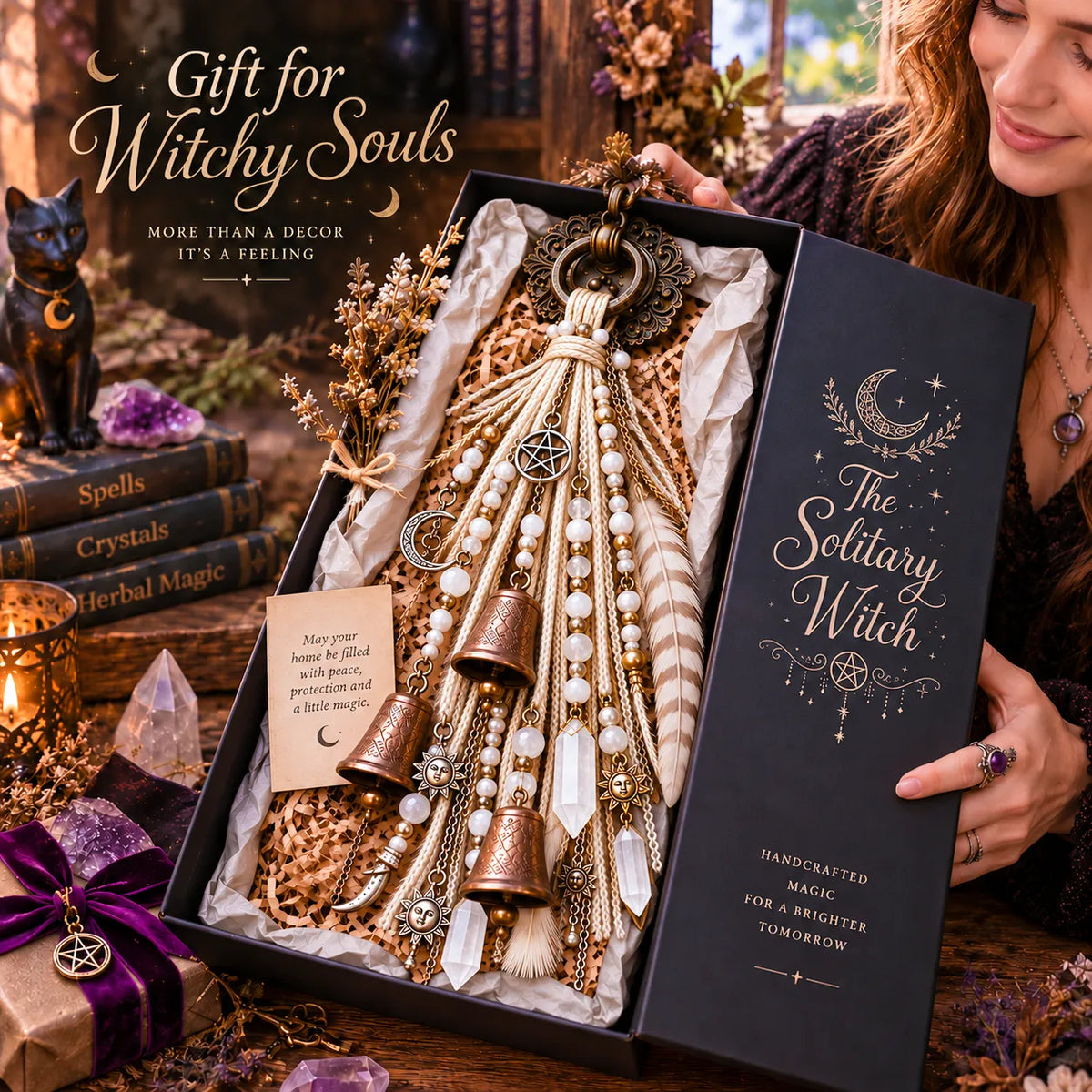 ⏳ Last Day 49% OFF – 🌙 Witchy Door Charm | Celestial Hanging Décor with Moons, Crystals, Beads, Feathers & Vintage Bells for Doors, Reading Nooks & Witchy Home Spaces 🔮