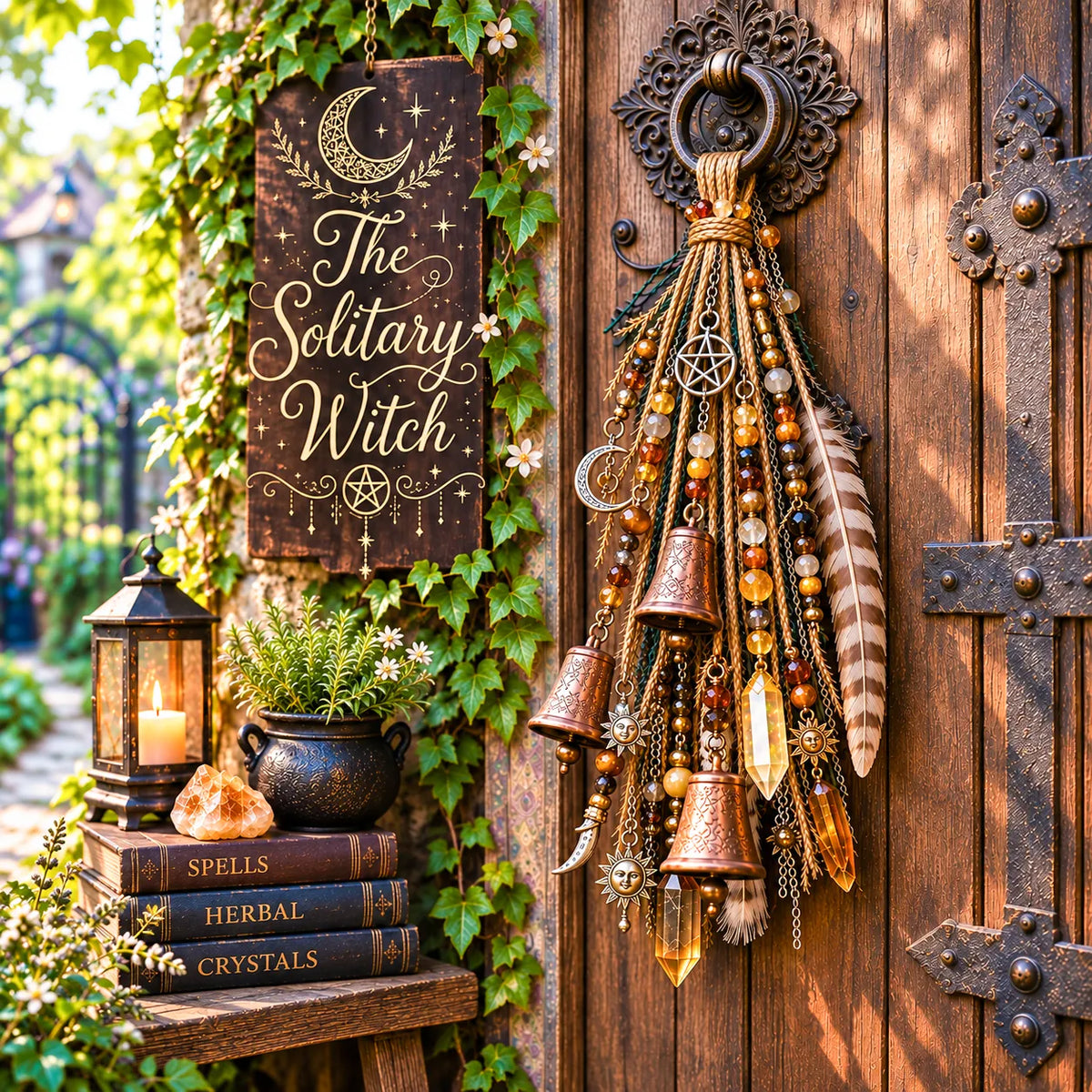 ⏳ Last Day 49% OFF – 🌙 Witchy Door Charm | Celestial Hanging Décor with Moons, Crystals, Beads, Feathers & Vintage Bells for Doors, Reading Nooks & Witchy Home Spaces 🔮