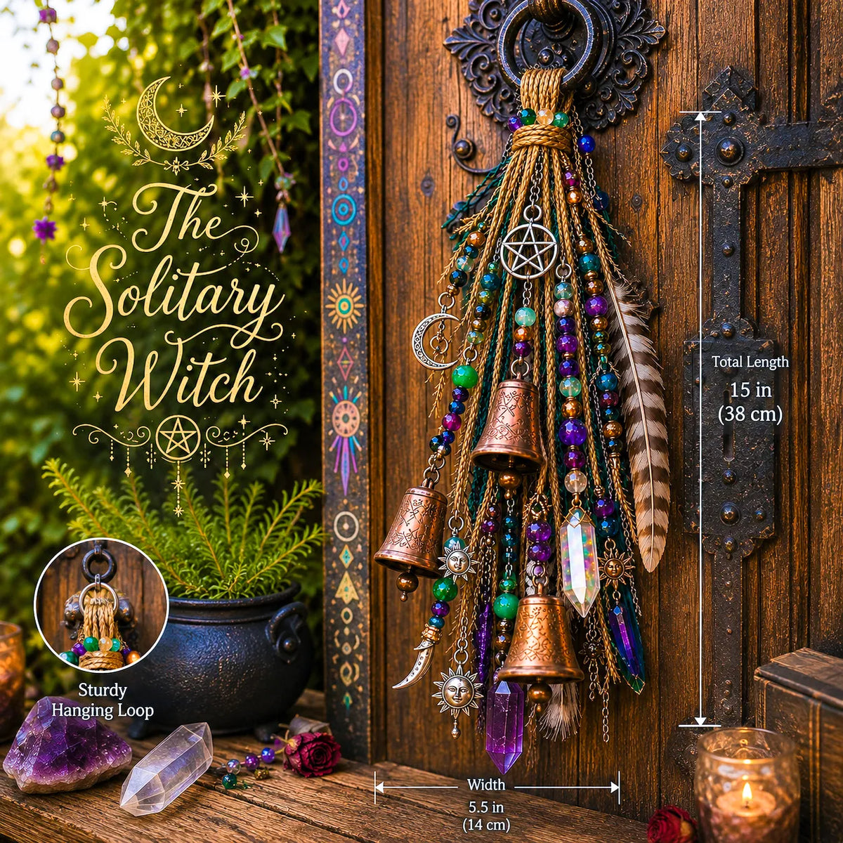 ⏳ Last Day 49% OFF – 🌙 Witchy Door Charm | Celestial Hanging Décor with Moons, Crystals, Beads, Feathers & Vintage Bells for Doors, Reading Nooks & Witchy Home Spaces 🔮