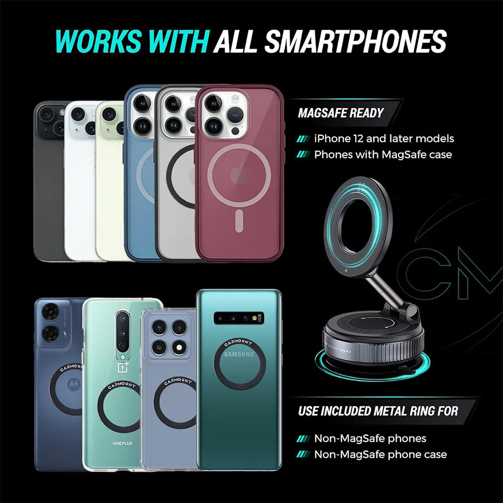 Fempick-X sticks to your car, mirror, desk, or wall. MagSafe compatible for GPS, calls, or shooting content.